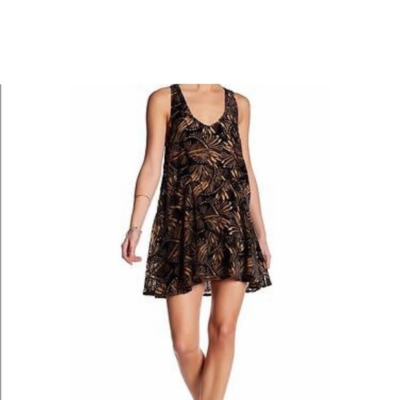 FREE PEOPLE Ellie Velvet Black & Tan Burnout Sleeveless Mini Boho Festival Dress - Picture 1 of 3